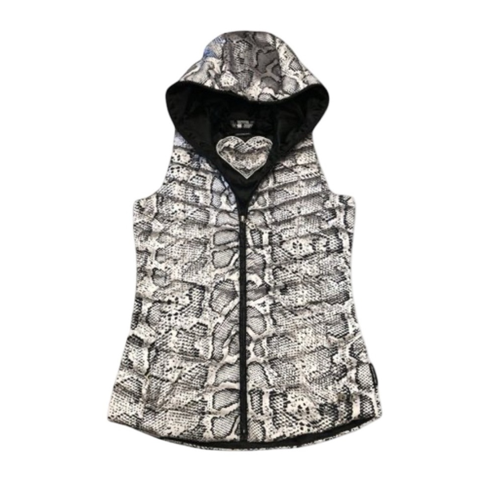 EUC Obermeyer Snakeskin‎ Print Hooded Down Fill Black Puffer Vest Size Medium